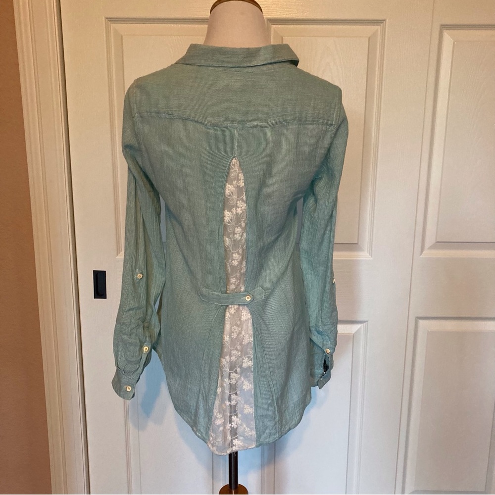 Isabella Sinclair Anthropology Green Long-sleeve Shirt S Lace Back Floral Cuff - Picture 3 of 7